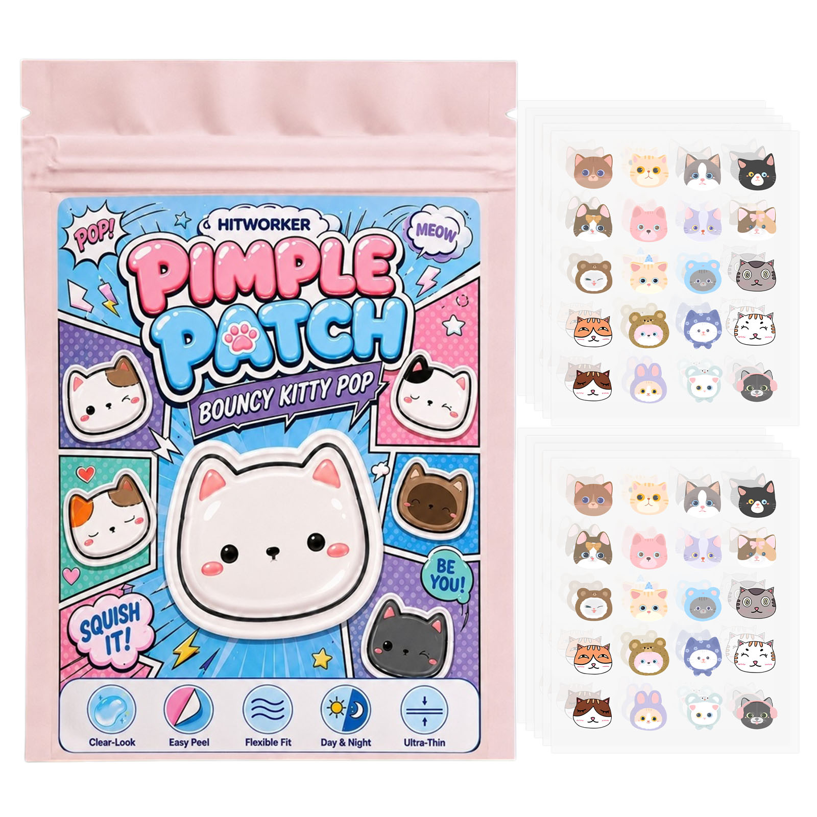 Hydrocolloid Acne Patch - 100pcs Plester Jerawat Kucing Lucu, Stiker